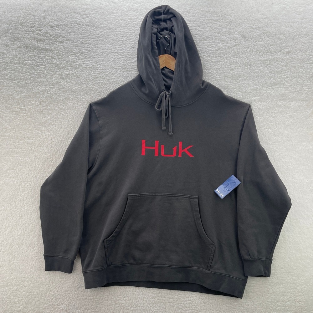Huk Hoodie Mens XXL Gray Red Logo Fleece Lined Sweatshirt Fishing Gorp Logo NEW
